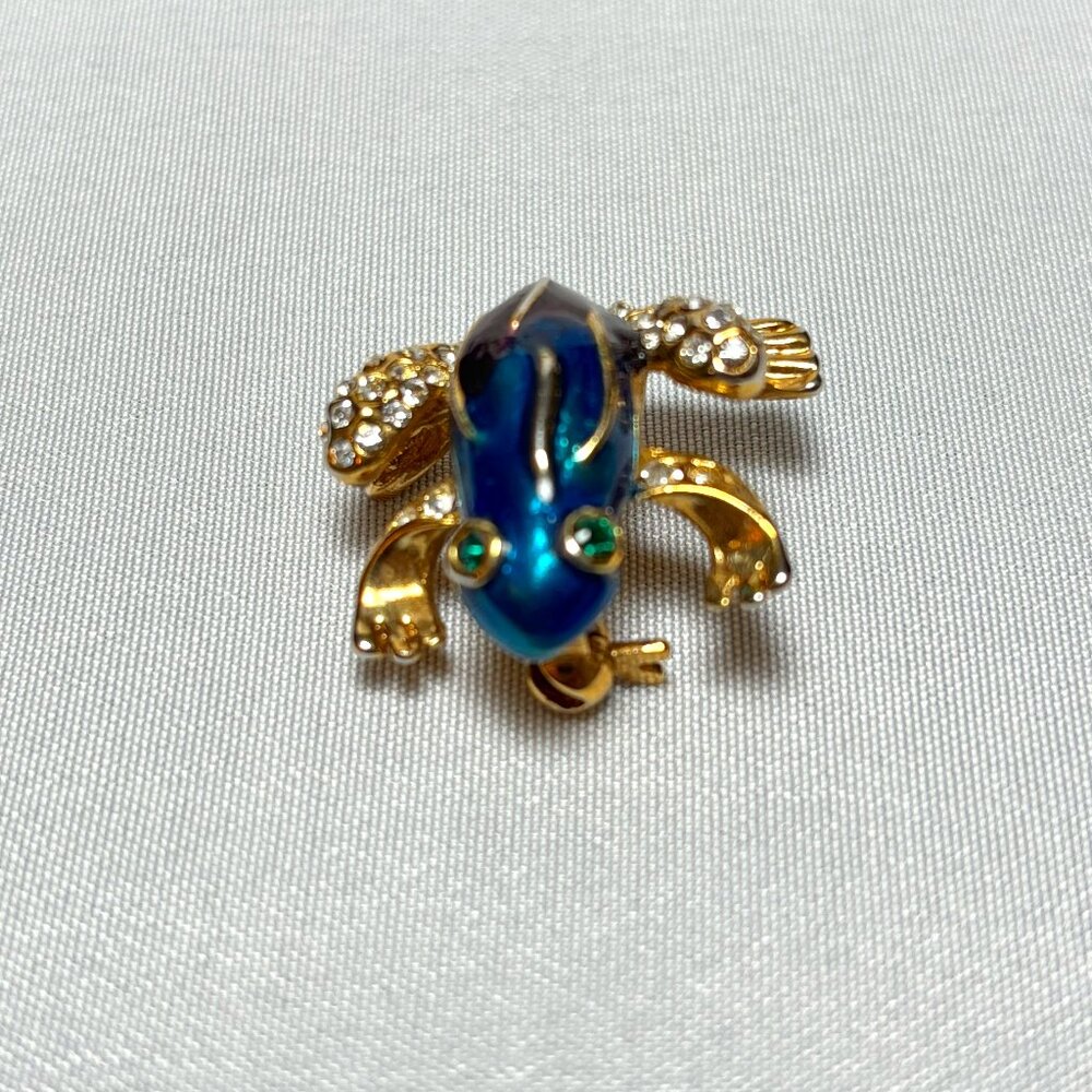 American Vintage FROG BROOCH PIN 1" Enameled Gold Blue Purple with Rhinestones